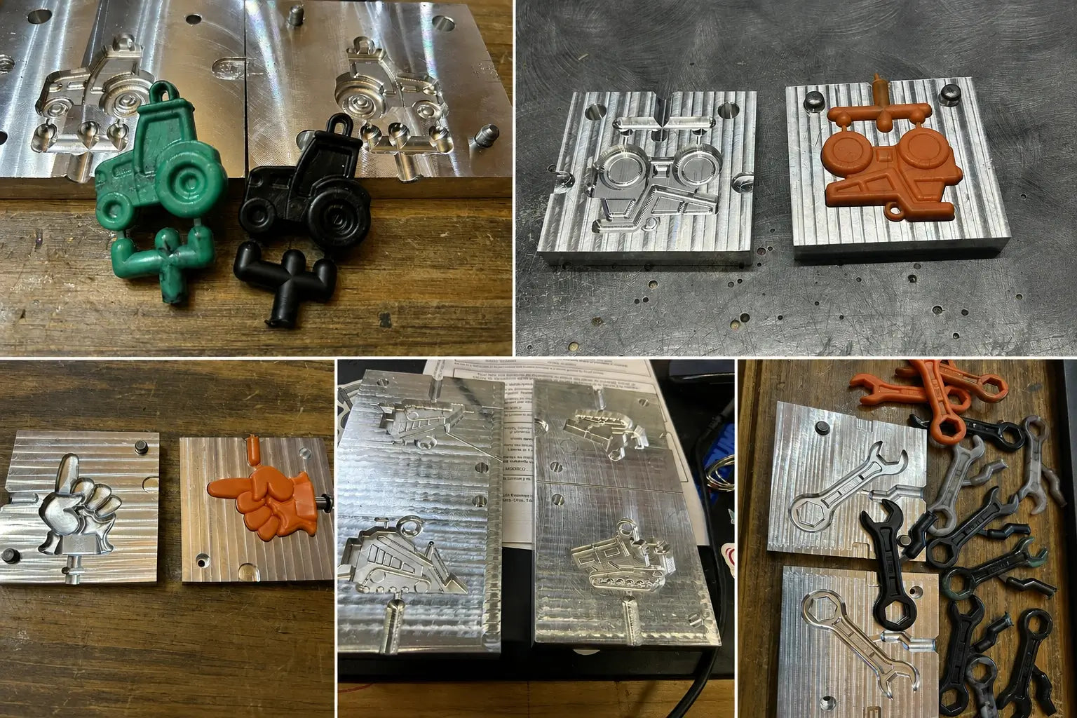 Aluminum injection molds with colorful molded tractors, equipment shapes, hand designs, and miniature wrenches.
