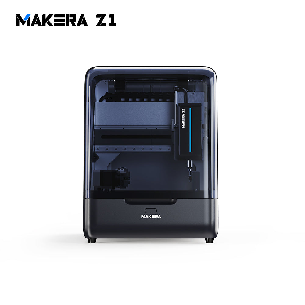 Makera Z1 enclosed desktop CNC machine for home workshops, front view with the transparent cover closed.