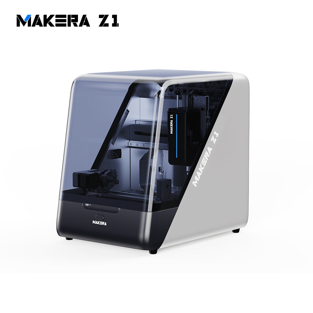 Makera Z1 compact desktop CNC mill for machining wood, acrylic and aluminum, shown from the front right with a rotary module installed.