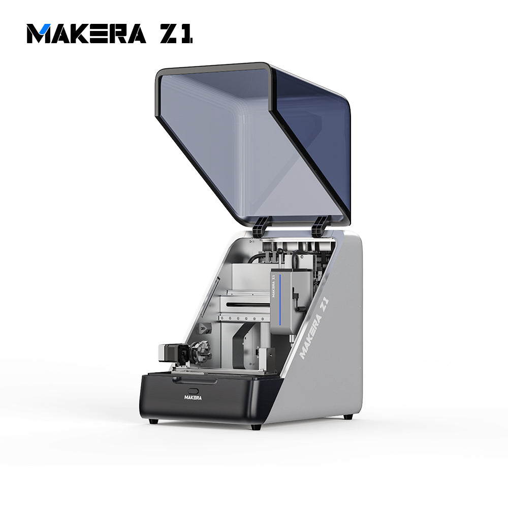 Makera Z1 hobby CNC milling machine with the cover open, showing the spindle and fourth-axis rotary module for rotary carving.